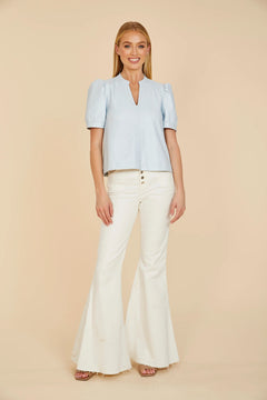 Faux Leather Puff Sleeve Top W/Split Neckline - Lush Lemon - Women&