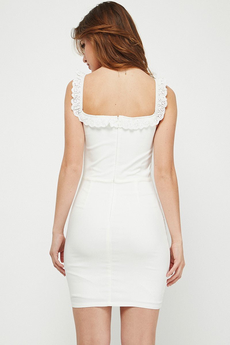 Fitted Mini Dress W/Eyelet Trim - Lush Lemon - Women's Clothing - Needii - 1041041