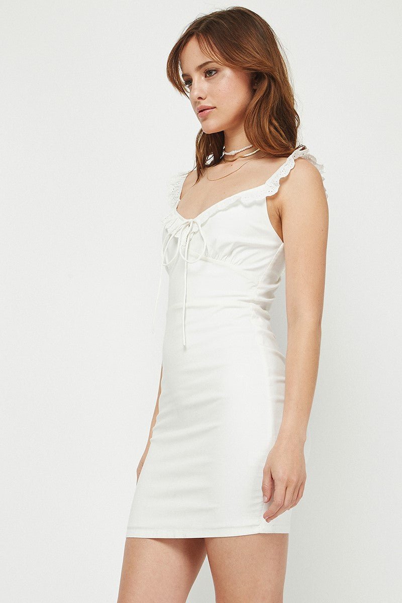 Fitted Mini Dress W/Eyelet Trim - Lush Lemon - Women's Clothing - Needii - 1041041
