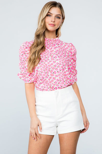 Flower Print Ruched Sleeve Top Pink