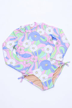 Groovy Daisy Swirl Girls One Piece Long Sleeve Swimsuit - Lush Lemon - Children&