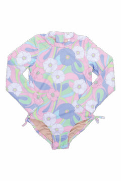 Groovy Daisy Swirl Girls One Piece Long Sleeve Swimsuit - Lush Lemon - Children&