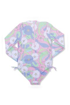Groovy Daisy Swirl Girls One Piece Long Sleeve Swimsuit - Lush Lemon - Children&