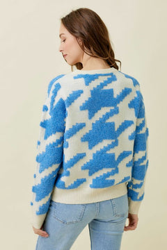 Houndstooth Fuzzy Pullover Sweater - Lush Lemon - Women&