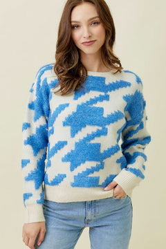 Houndstooth Fuzzy Pullover Sweater - Lush Lemon - Women&