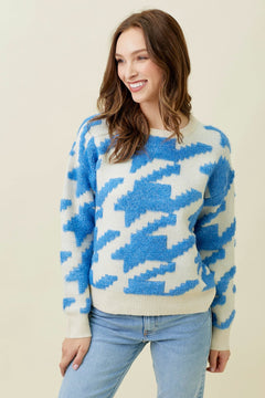 Houndstooth Fuzzy Pullover Sweater - Lush Lemon - Women&