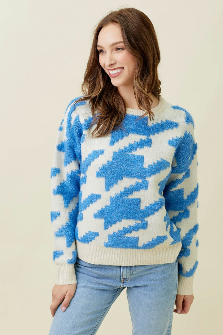 Houndstooth Fuzzy Pullover Sweater - Lush Lemon - Women's Clothing - Mystree - 602361