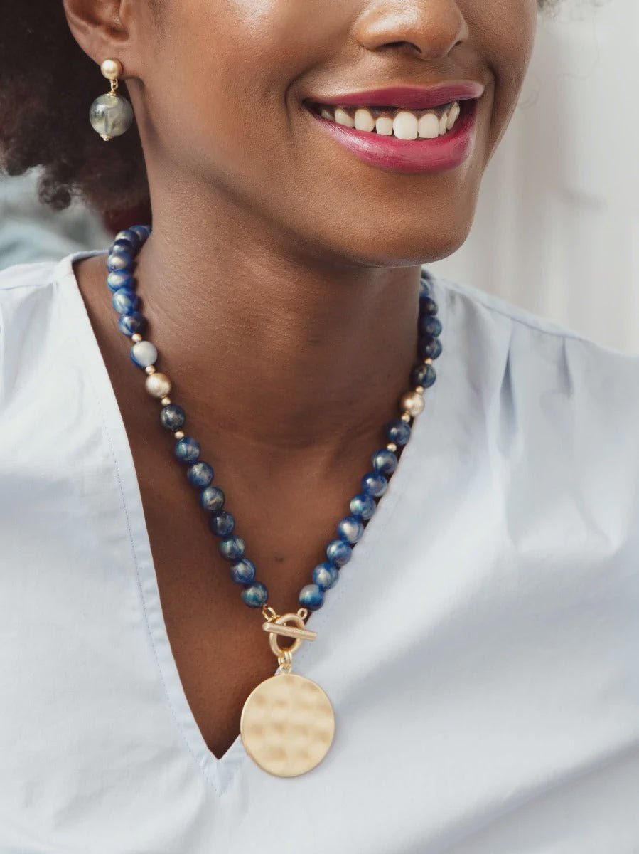 Iridescent Beaded Collar Necklace W/ Gold Medallion - Lush Lemon - Women's Accessories - Zenzii - 11672