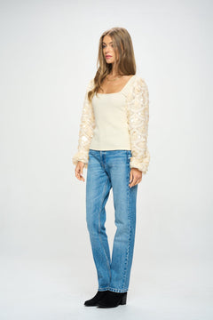 Large Sequin Sleeve Top - Lush Lemon - Women&
