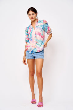 Maggie Floral Printed Ruched Sleeve Shirt - Lush Lemon - Women&
