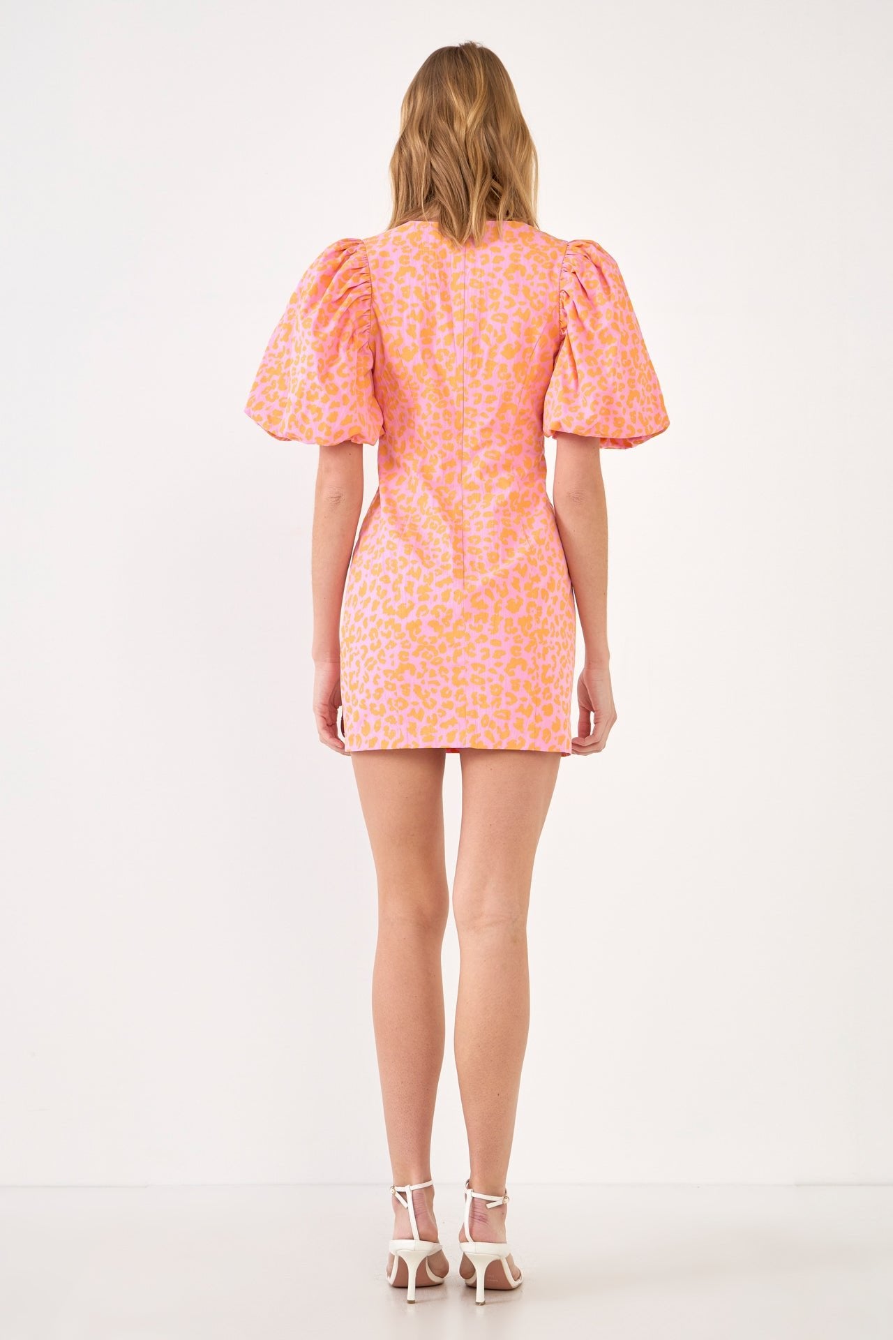 Mini Dress W/Puff Sleeves Leopard - Lush Lemon - Women's Clothing - Endless Rose - 192934407328