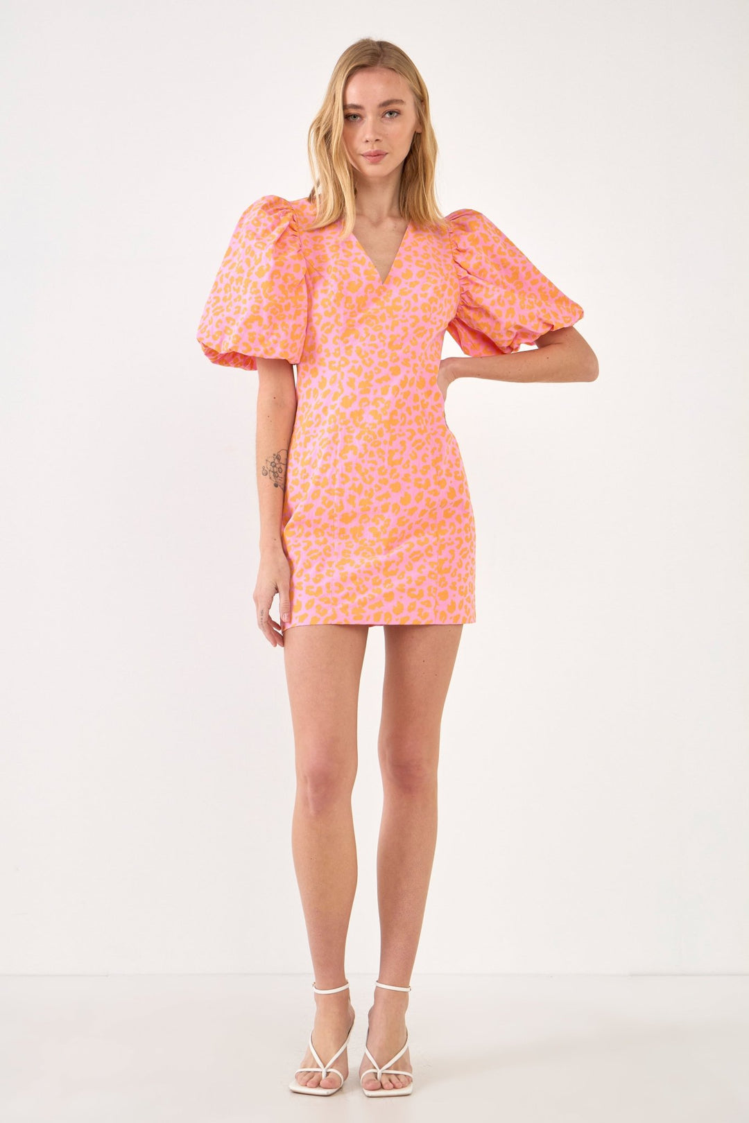 Mini Dress W/Puff Sleeves Leopard - Lush Lemon - Women's Clothing - Endless Rose - 192934407328