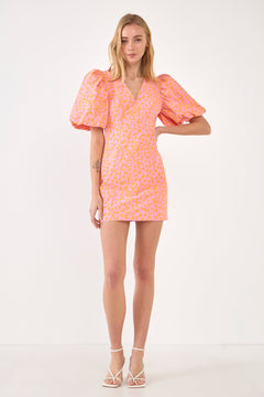 Mini Dress W/Puff Sleeves Leopard - Lush Lemon - Women&