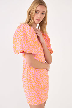 Mini Dress W/Puff Sleeves Leopard - Lush Lemon - Women&