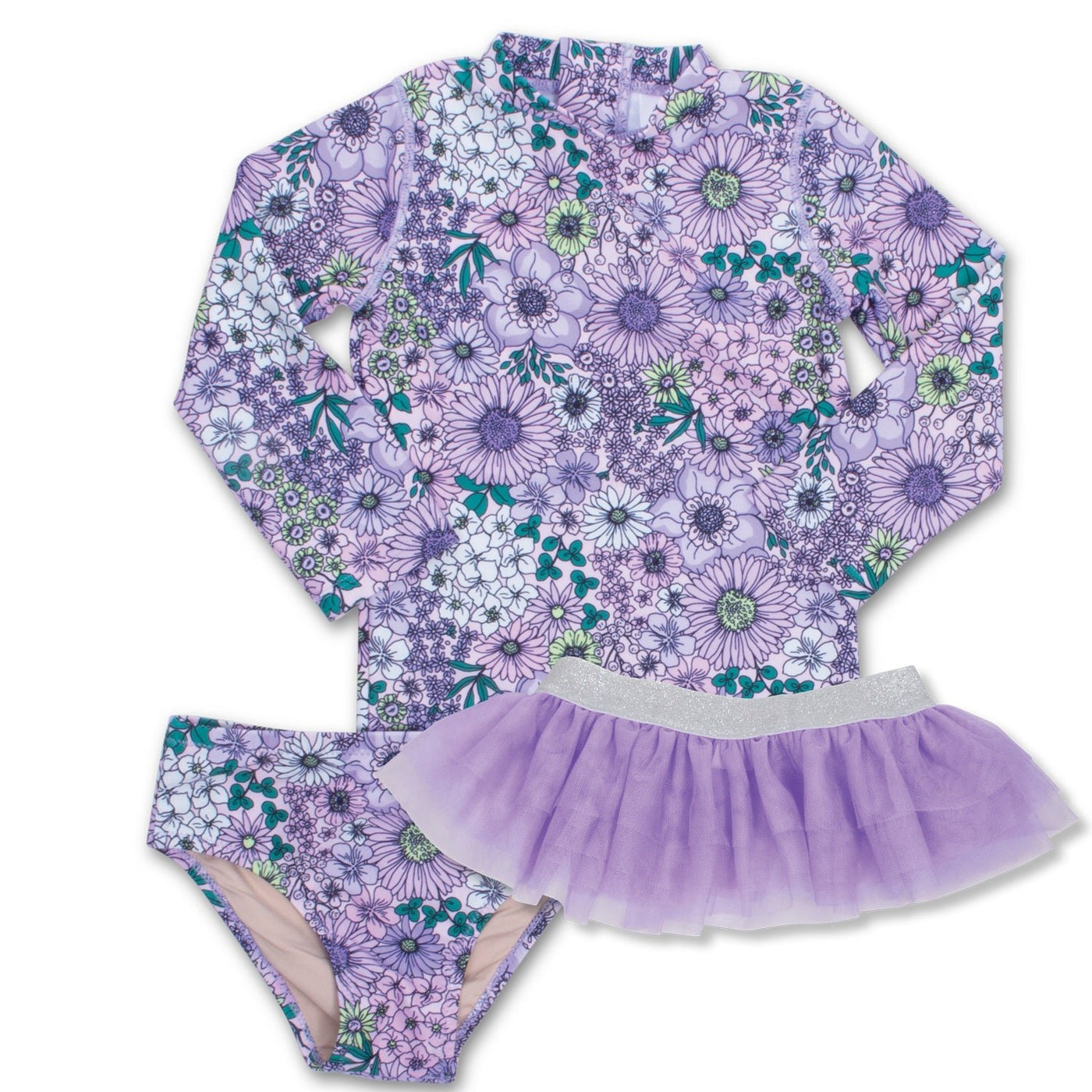 Mod Purple Floral W/ TuTu Girls Two Piece Rashguard Set - Lush Lemon - Children's Clothing - Shade Critters - 841713186496