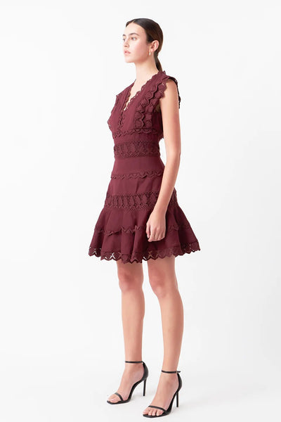 Plunging Neck Lace Trim Dress - Endless Rose