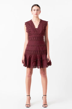 Plunging Neck Lace Trim Dress - Lush Lemon - Women&