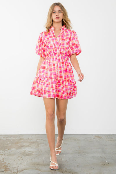 Puff Sleeve Print Flutter Dress - Lush Lemon - Women's Clothing - THML - 258825881
