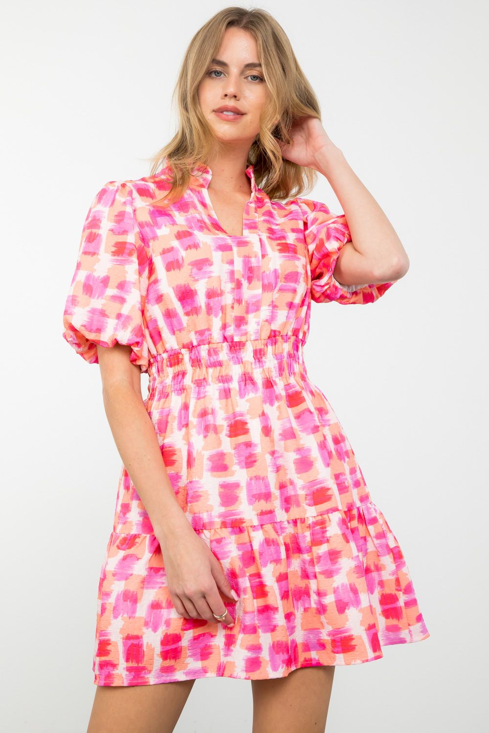 Puff Sleeve Print Flutter Dress - Lush Lemon - Women's Clothing - THML - 258825881