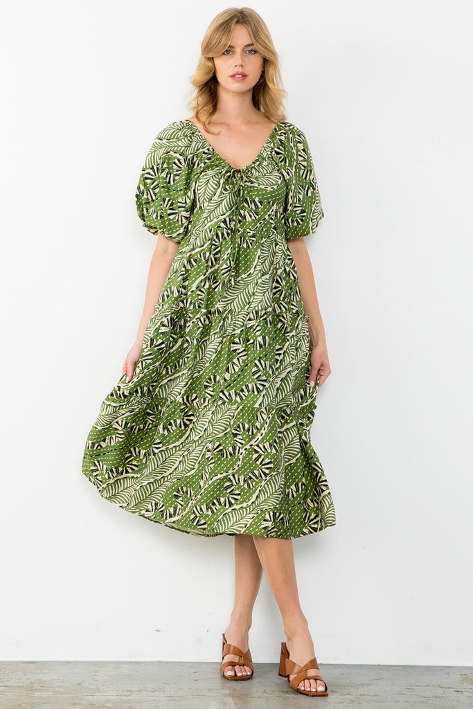 Puff Sleeve Print Tiered Dress - THML