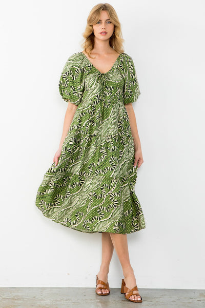 Puff Sleeve Print Tiered Dress - Lush Lemon - Women's Clothing - THML - 225722571