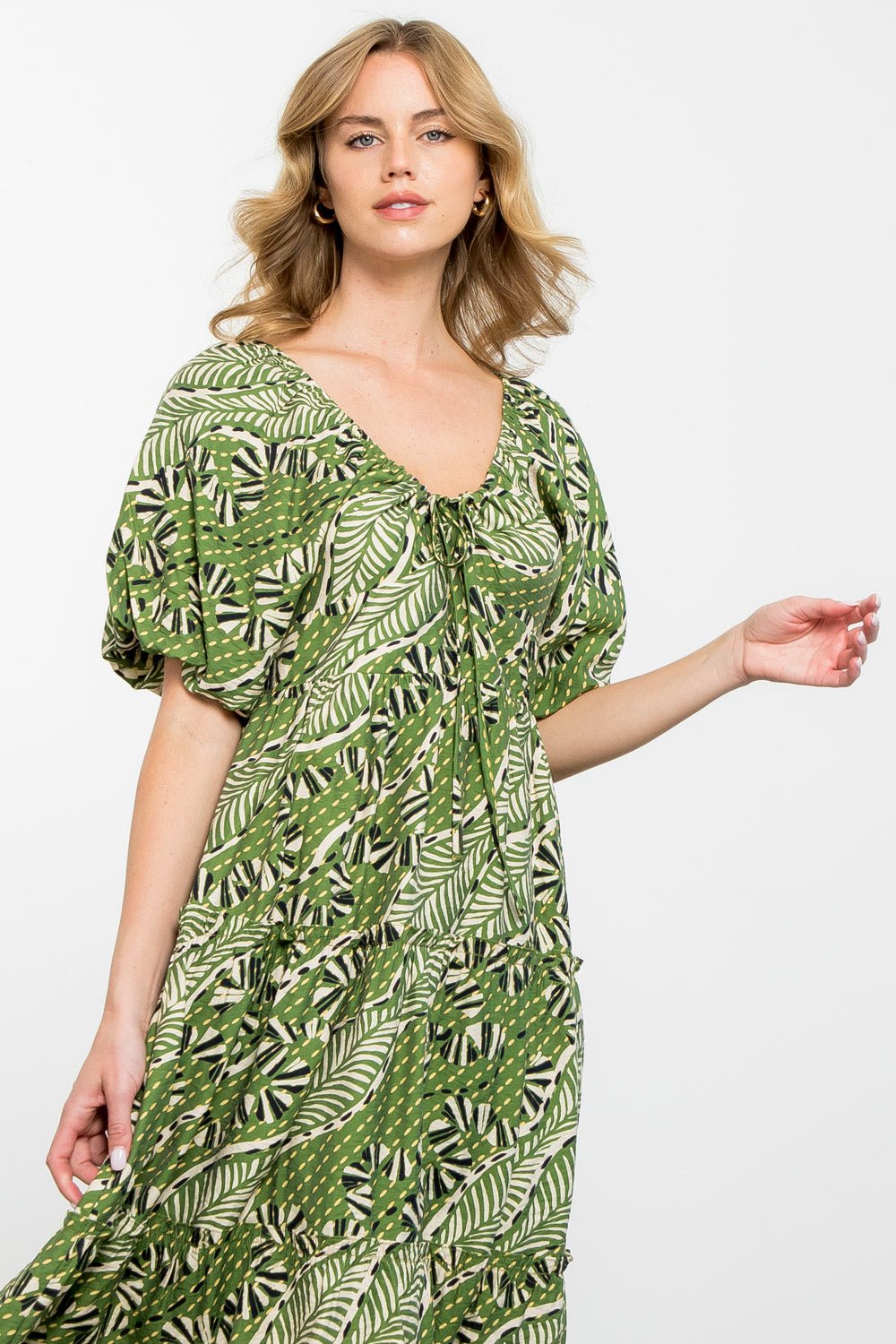 Puff Sleeve Print Tiered Dress - Thml - Lush Lemon Green / S Puff Sleeve Print Tiered Dress - Thml - Lush Lemon Green / S