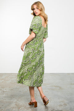 Puff Sleeve Print Tiered Dress - Lush Lemon - Women&