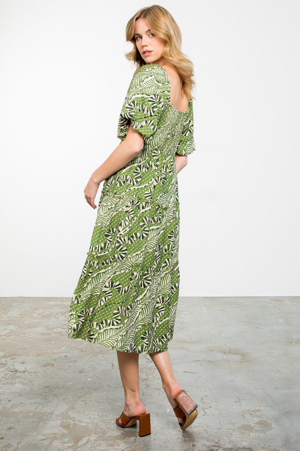 Puff Sleeve Print Tiered Dress - THML - Lush Lemon Green / S Puff Sleeve Print Tiered Dress - THML - Lush Lemon Green / S