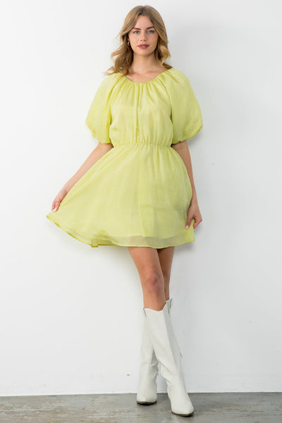 Puff Sleeve Striped Dress - Lush Lemon - Women's Clothing - THML - 225722571