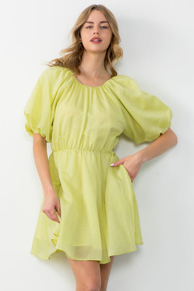 Puff Sleeve Striped Dress - Lush Lemon - Women's Clothing - THML - 225722571