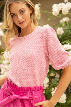 Puff Sleeve Textured Knit Top - Lush Lemon - Women&