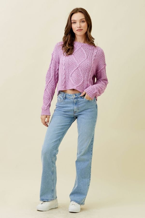 Raw Edge Cable Sweater - Lush Lemon - Women's Clothing - Mystree - 602221