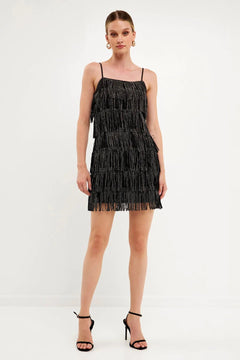 Rhinestone Suede Fringe Mini Dress - Lush Lemon - Women&