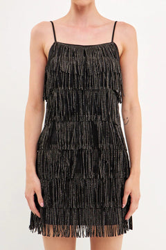 Rhinestone Suede Fringe Mini Dress - Lush Lemon - Women&