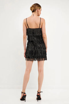 Rhinestone Suede Fringe Mini Dress - Lush Lemon - Women&