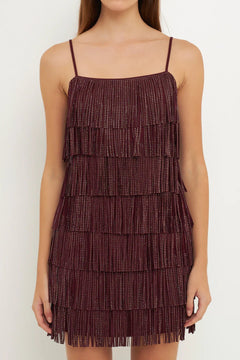 Rhinestone Suede Fringe Mini Dress - Lush Lemon - Women&