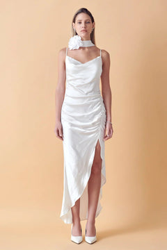 Ruched Asymmetrical Satin Slip Maxi - Lush Lemon - Women&