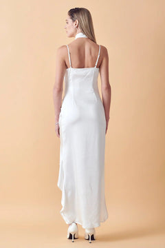 Ruched Asymmetrical Satin Slip Maxi - Lush Lemon - Women&