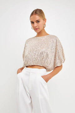 Sequins Cropped Puff Top - Lush Lemon - Women&