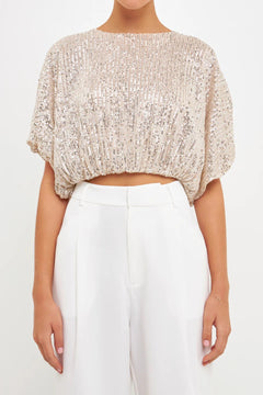 Sequins Cropped Puff Top - Lush Lemon - Women&