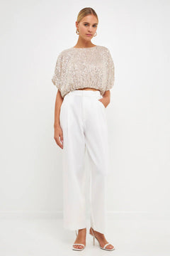 Sequins Cropped Puff Top - Lush Lemon - Women&