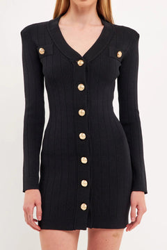 Shank Button V-neckline Knit Mini Dress - Lush Lemon - Women&
