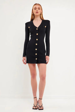 Shank Button V-neckline Knit Mini Dress - Lush Lemon - Women&