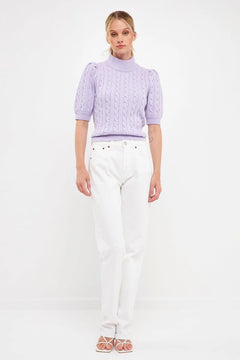 Short-Sleeve Cable-Knit Sweater - Lush Lemon - Women&