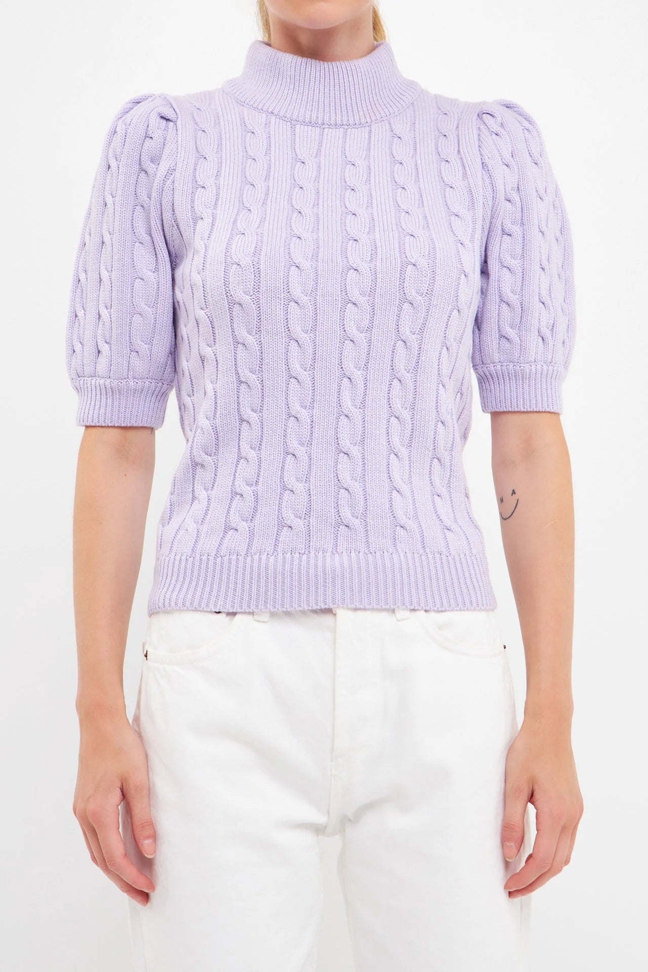 Short-Sleeve Cable-Knit Sweater - Lush Lemon - Women's Clothing - English Factory - 192934460989