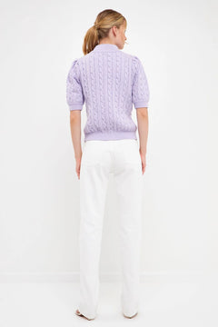 Short-Sleeve Cable-Knit Sweater - Lush Lemon - Women&