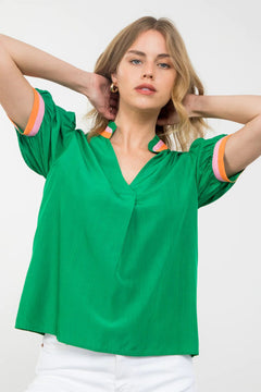 Short Sleeve Stripe Detail Top - Lush Lemon - Women&