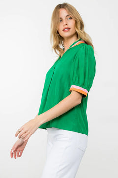 Short Sleeve Stripe Detail Top - Lush Lemon - Women&