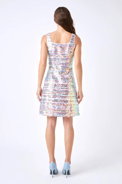 Striped Woven A-line Mini Dress With Sequins - Lush Lemon - Women&
