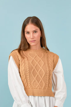 Tan Cable Knit Sweater - Lush Lemon - Women&